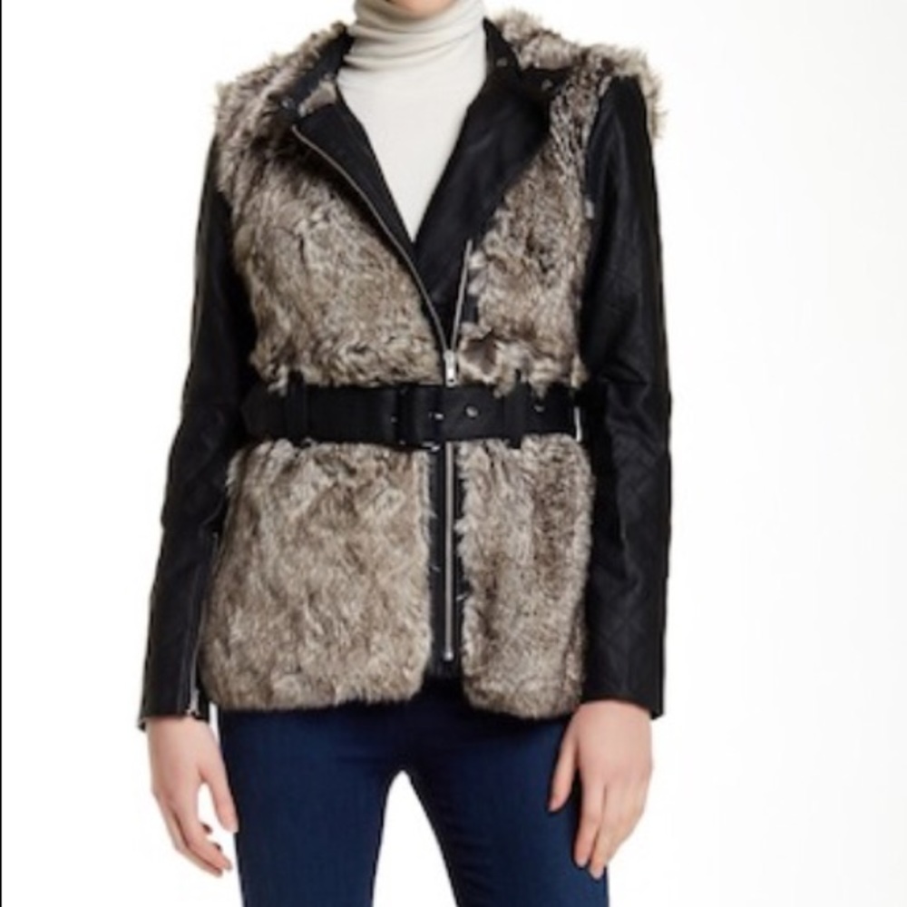 French Connection Leather Jacket w Faux Fur